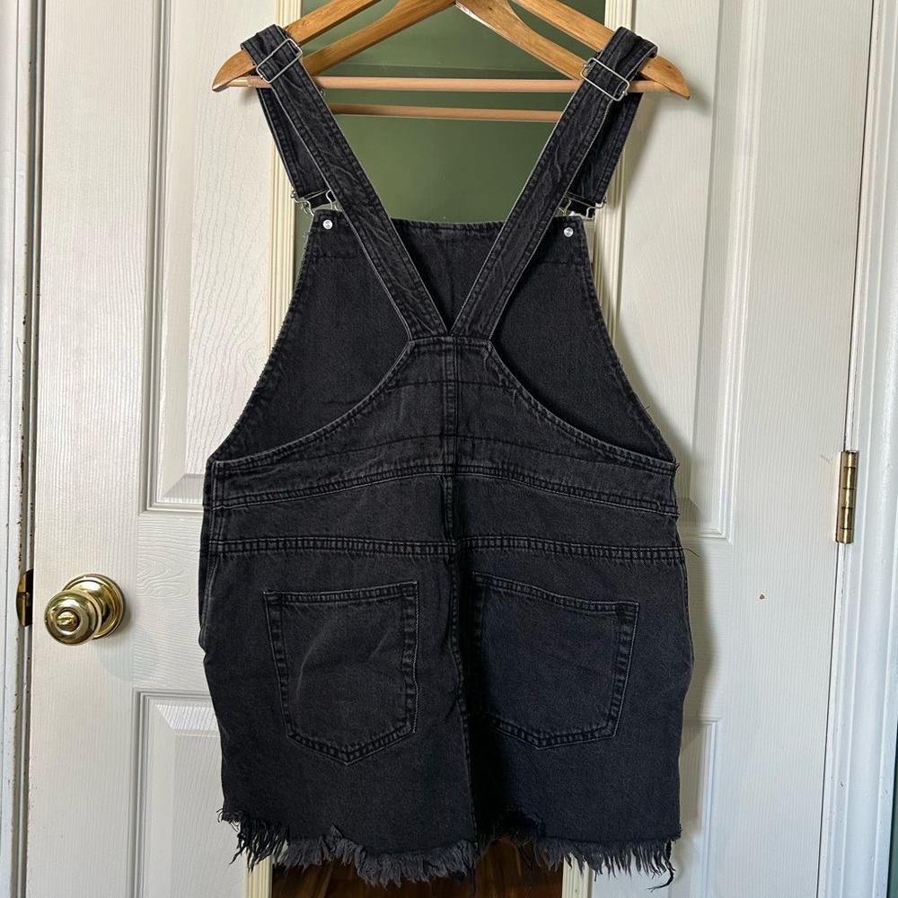 Free People Black Denim Distressed Hem Overall Mini Dress | Size 12 - Picture 2 of 10
